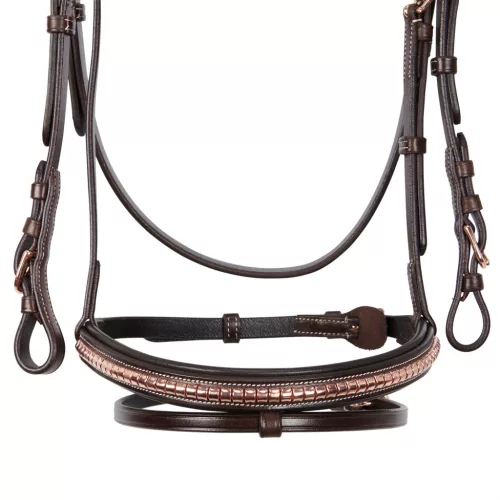 Angol bőr kantár rose gold színben, full, sötét barna