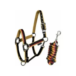   Equestro Red Trim bélelt kötőfék vezetőszárral - Cob, fekete-sárga