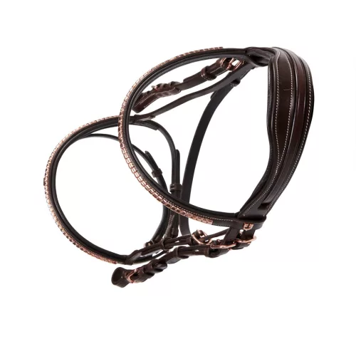 Angol bőr kantár rose gold színben, pony, sötét barna