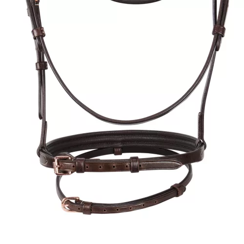 Angol bőr kantár rose gold színben, pony, sötét barna