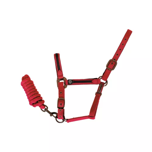 Equestro Durable kötőfék vezetőszárral - piros, Cob