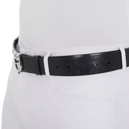 Bőr logós öv logózott csattal, 100 cm, ezüst/fekete