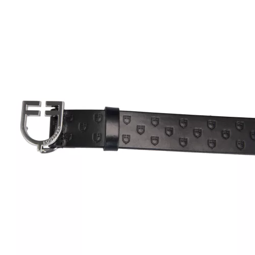 Bőr logós öv logózott csattal, 70 cm, ezüst/fekete
